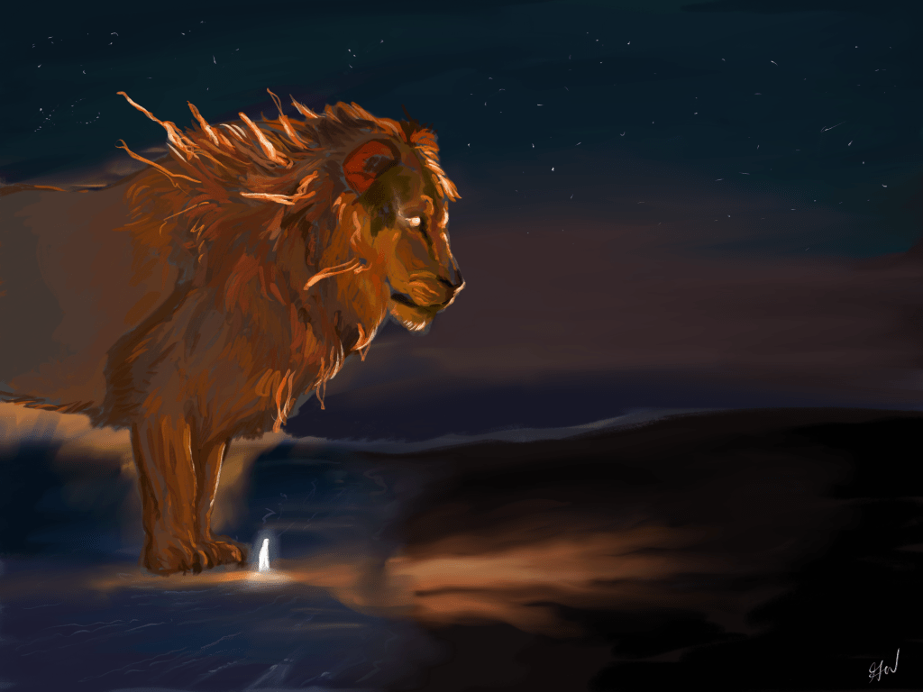 A majestic lion standing tall with a fiery mane, surrounded by swirling flames and smoke against a twilight sky. In front of the lion, a small white figure resembling Jesus stands, emanating a bright light.